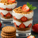 Dessert spéculoos-fraises, façon tiramisu en verrines avec couches visibles