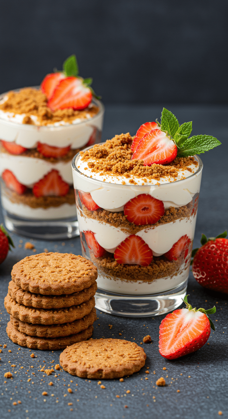 Dessert spéculoos-fraises, façon tiramisu en verrines avec couches visibles