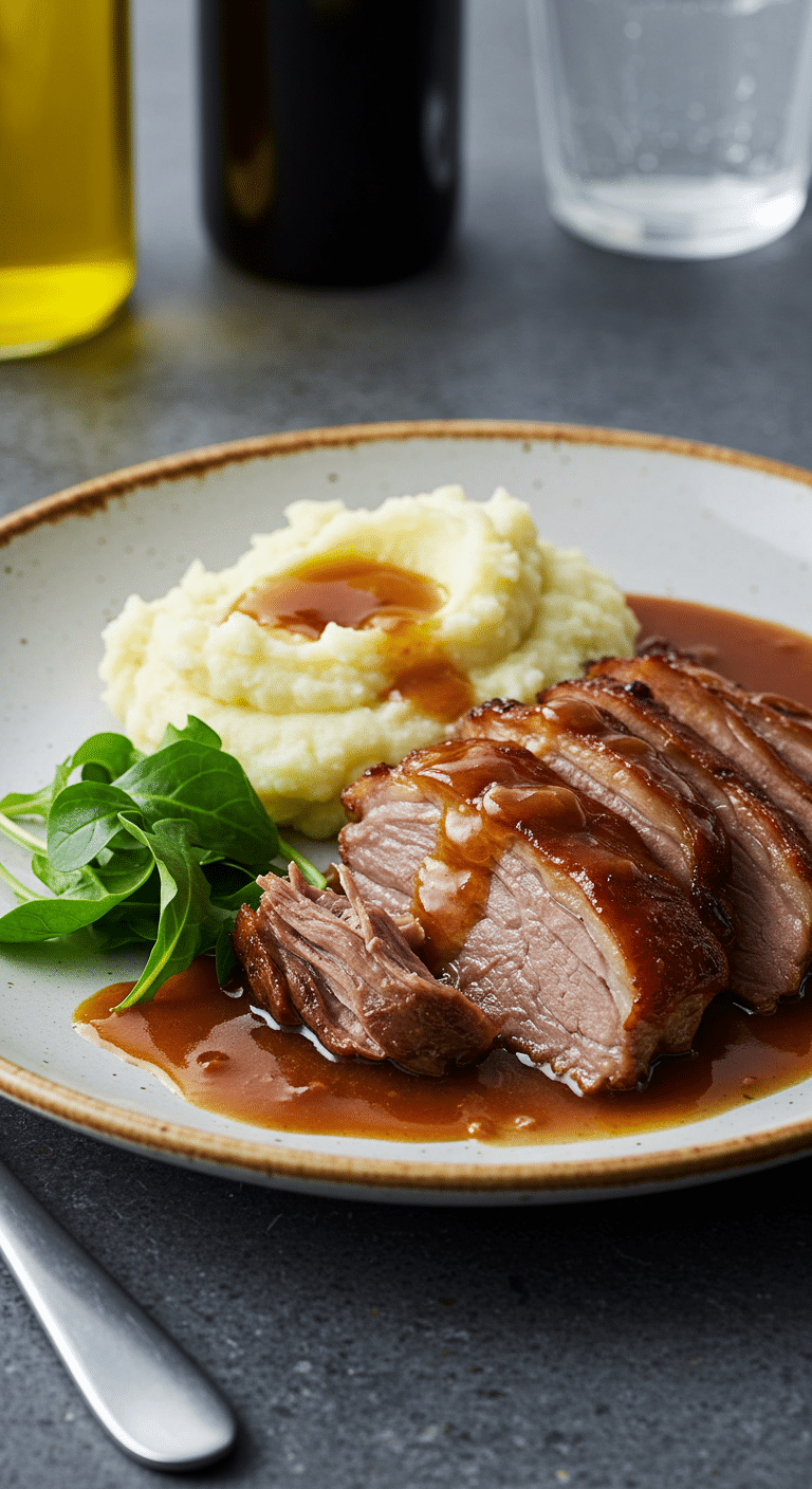 Épaule de porc braisée fondante dans cocotte en fonte avec sauce dorée
