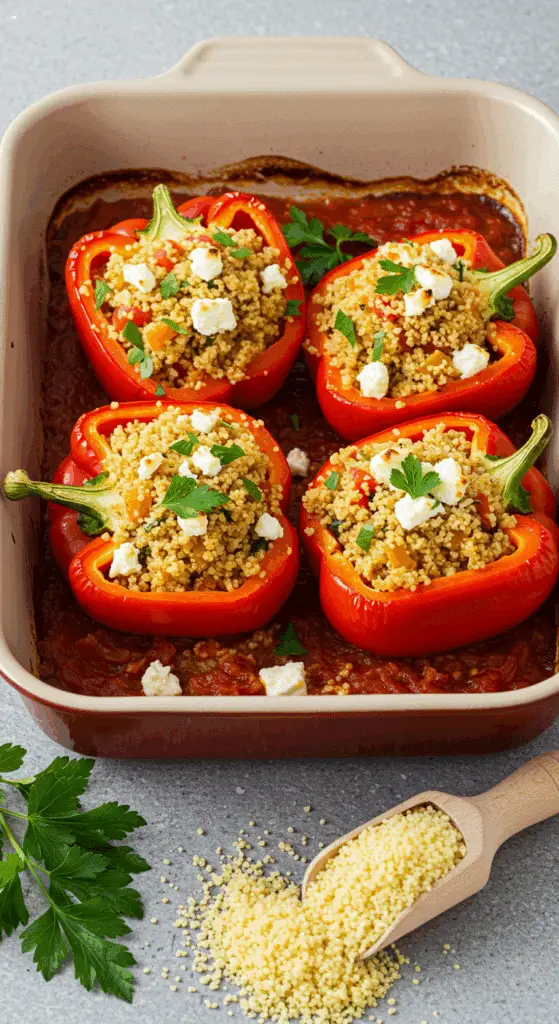 Farcissage artistique des poivrons colorés avec mélange couscous feta