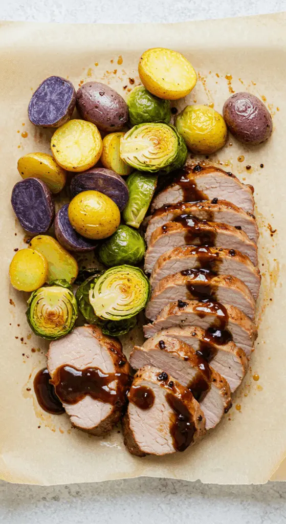Filet de porc au vinaigre balsamique avec légumes rôtis présentation gastronomique
