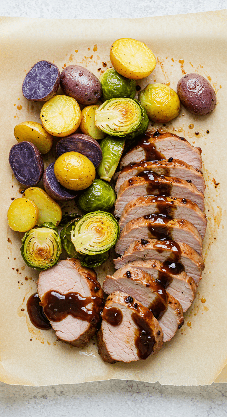 Filet de porc au vinaigre balsamique avec légumes rôtis présentation gastronomique