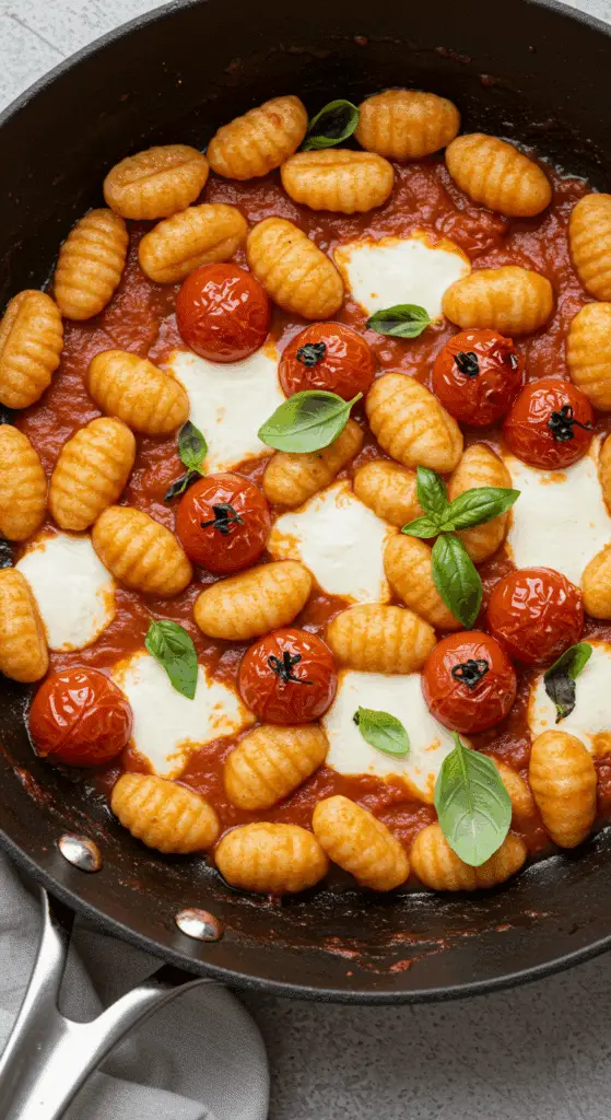 Finition des gnocchis «one-pot» avec mozzarella fraîche et basilic