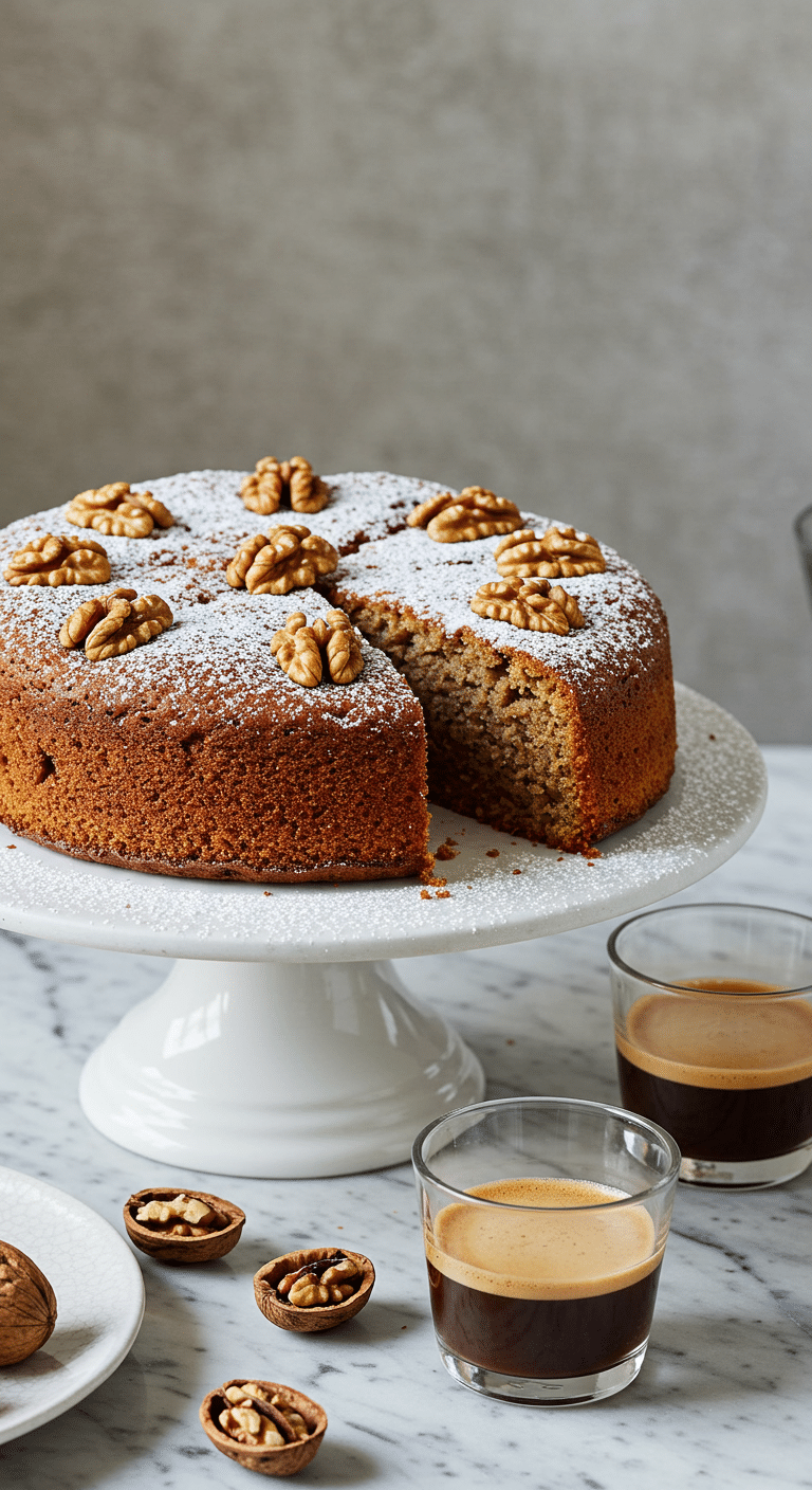 Gâteau aux poires et noix quartiers fruits sucre glace