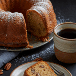 Gâteau au café sucre roux miel noix de pécan doré sur table rustique