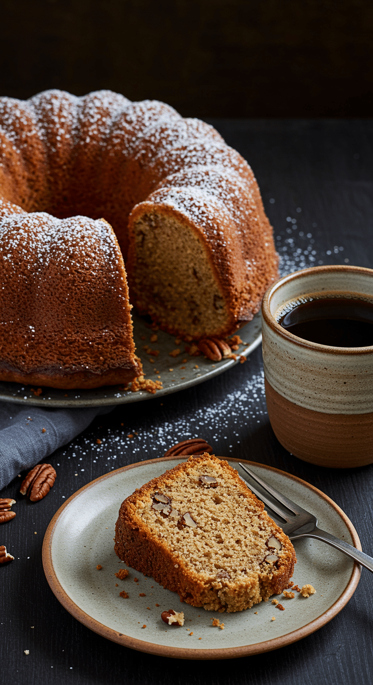 Gâteau au café sucre roux miel noix de pécan doré sur table rustique