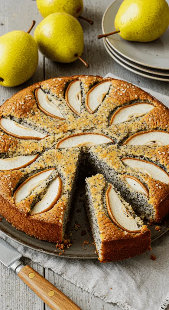 Gâteau moelleux poires graines pavot doré avec tranches sur table rustique