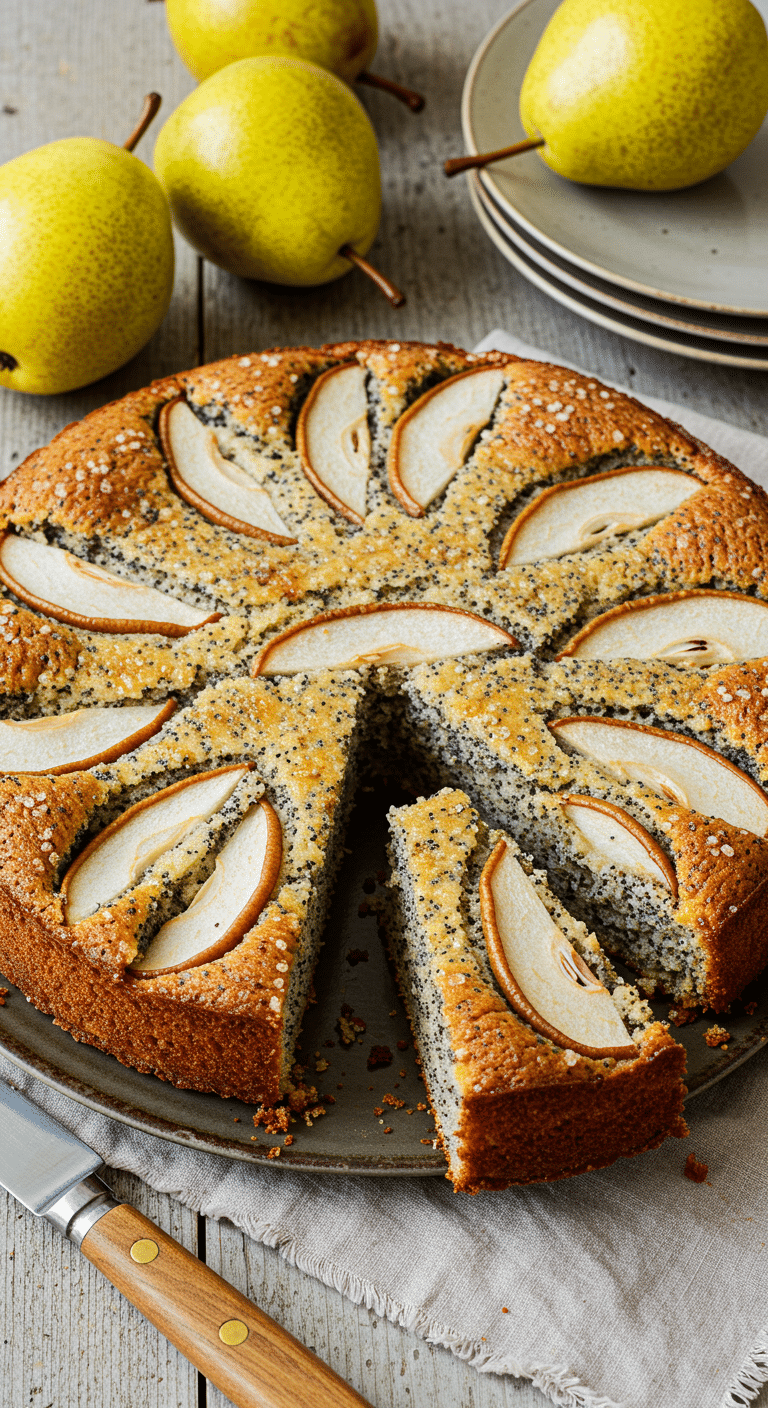 Gâteau moelleux poires graines pavot doré avec tranches sur table rustique
