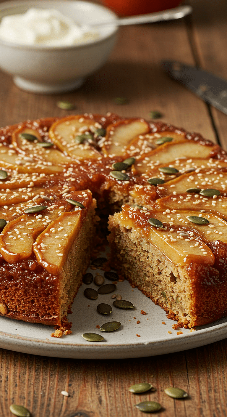 Service gâteau renversé tranche caramel crème fraîche automne