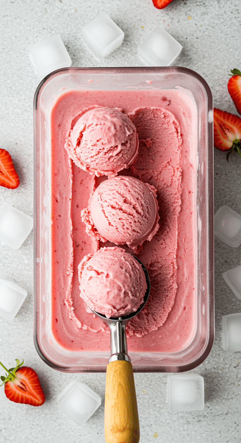 Glace à la fraise sans sorbetière parfaitement crémeuse avec texture artisanale