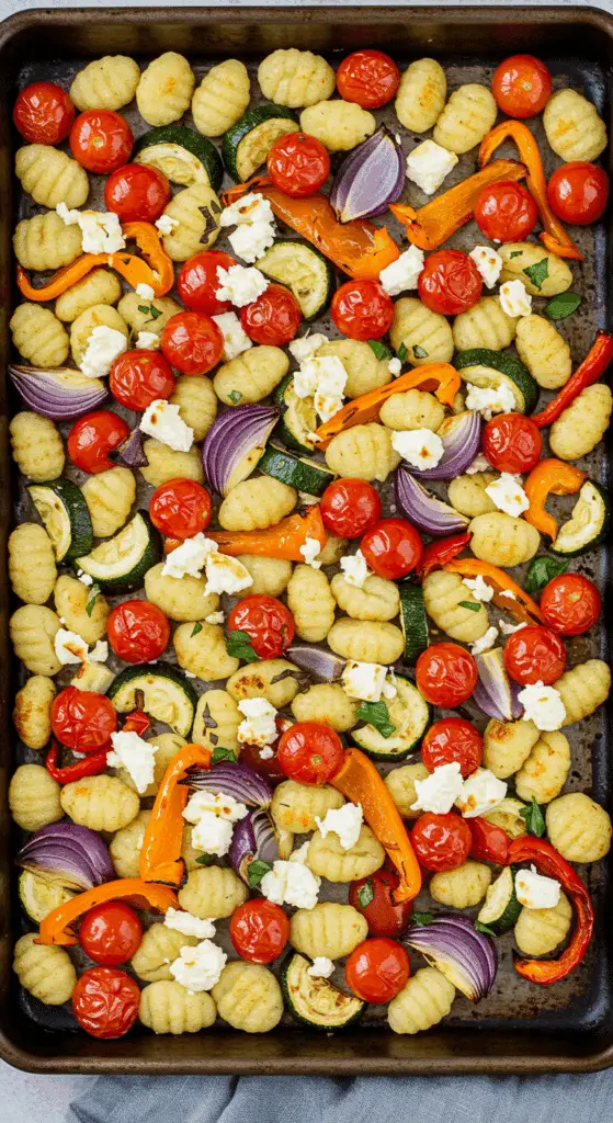 Gnocchis au feta et légumes rôtis sur une plaque avec caramélisation dorée