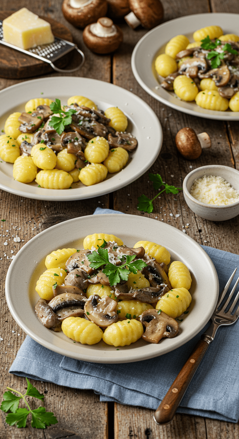 Gnocchis « one pot » à la sauce crémeuse aux champignons dans grande poêle