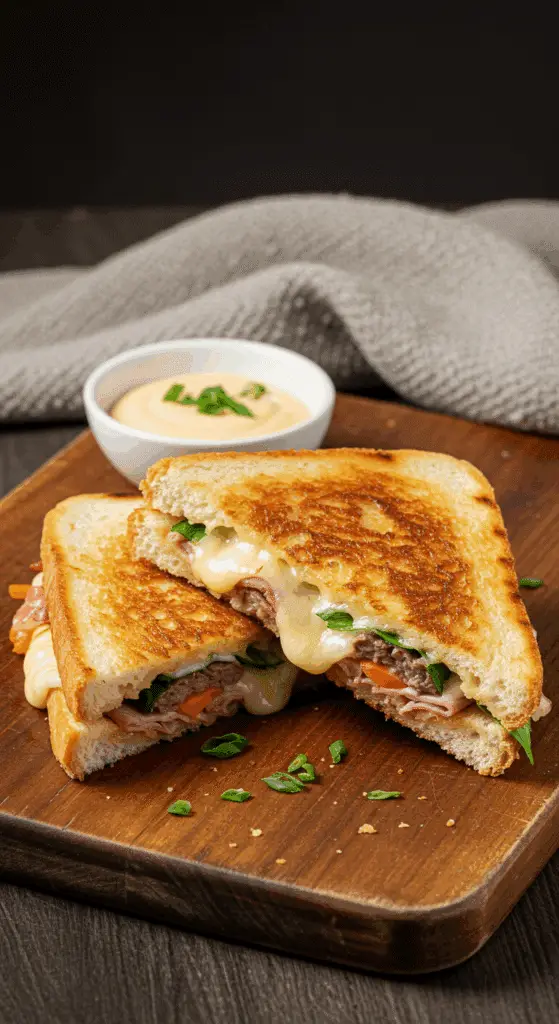 Grilled cheese aux restes de fondue chinoise coupé en triangle avec sauce