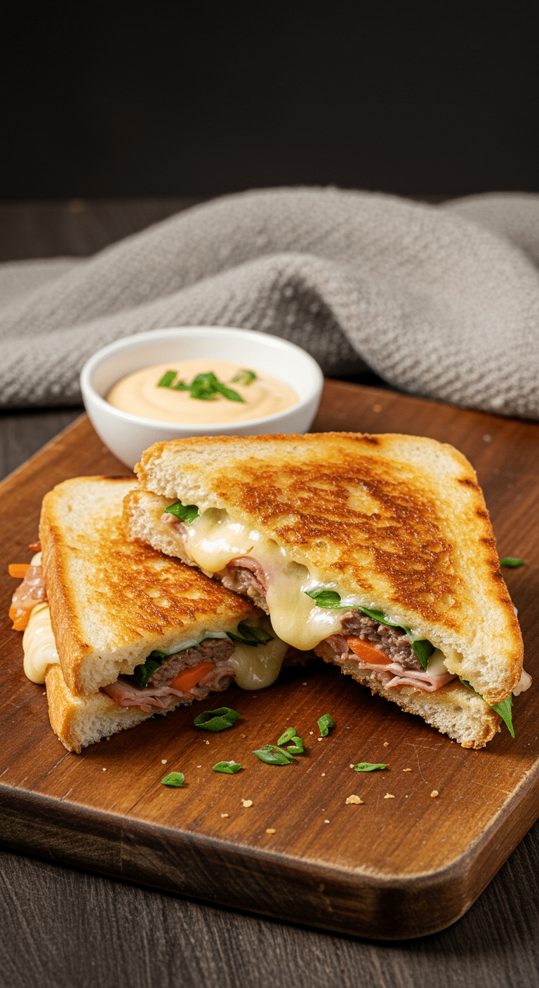 Grilled cheese aux restes de fondue chinoise coupé en triangle avec sauce
