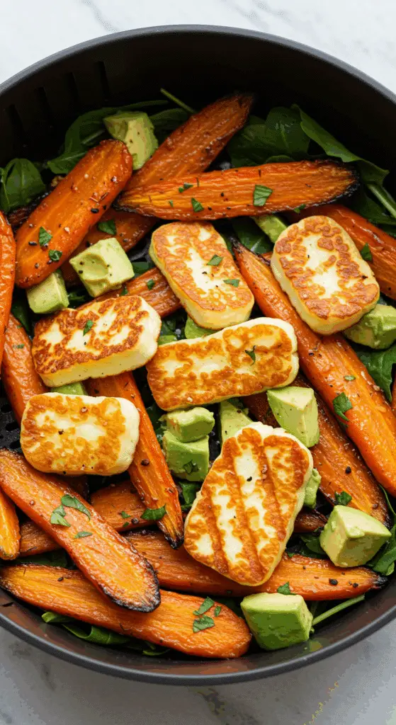 Dés de halloumi grillé doré dans friteuse à air