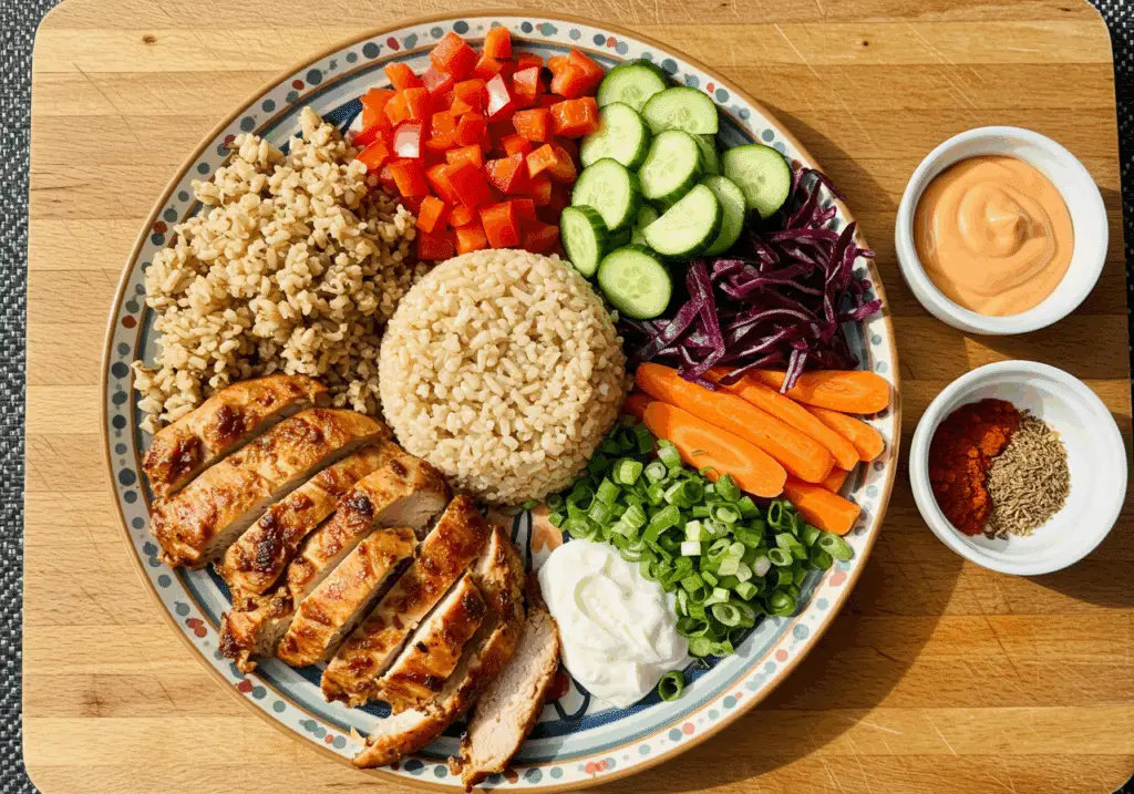 Ingrédients pour bol gourmand style poulet rouge disposés colorés