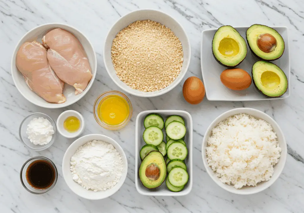 Ingrédients frais pour bol de poulet katsu avocat concombre disposés