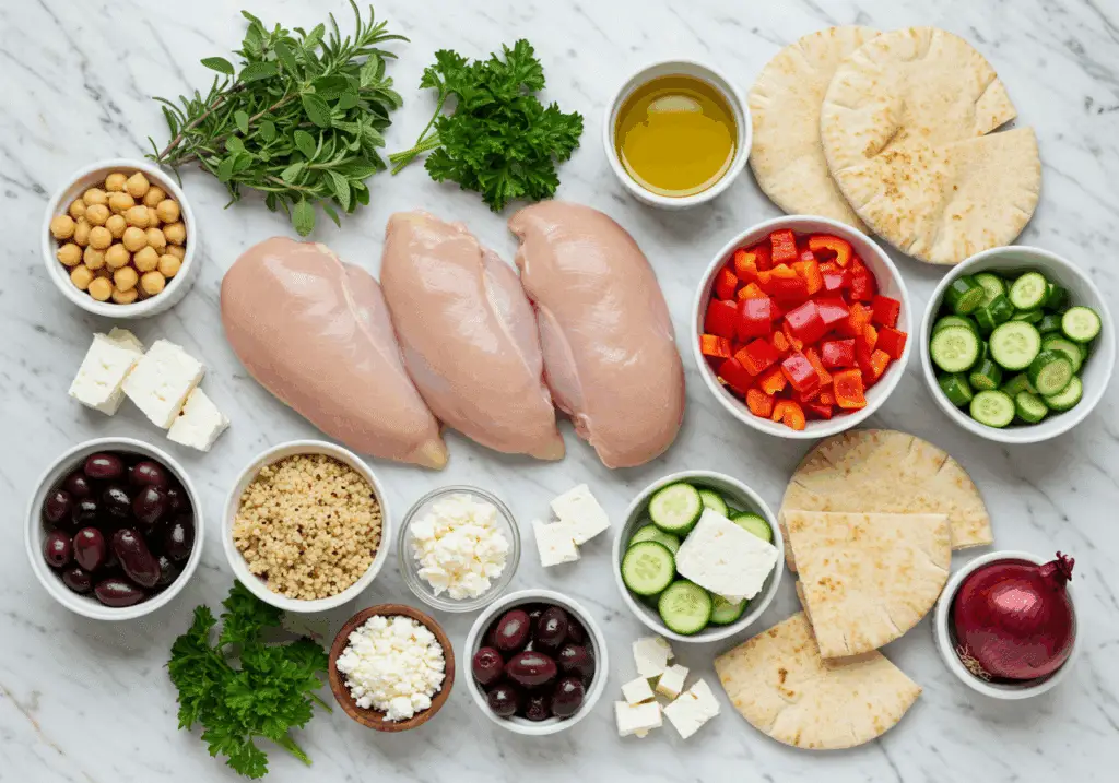 Ingrédients frais pour bol poulet méditerranéen disposés artistiquement