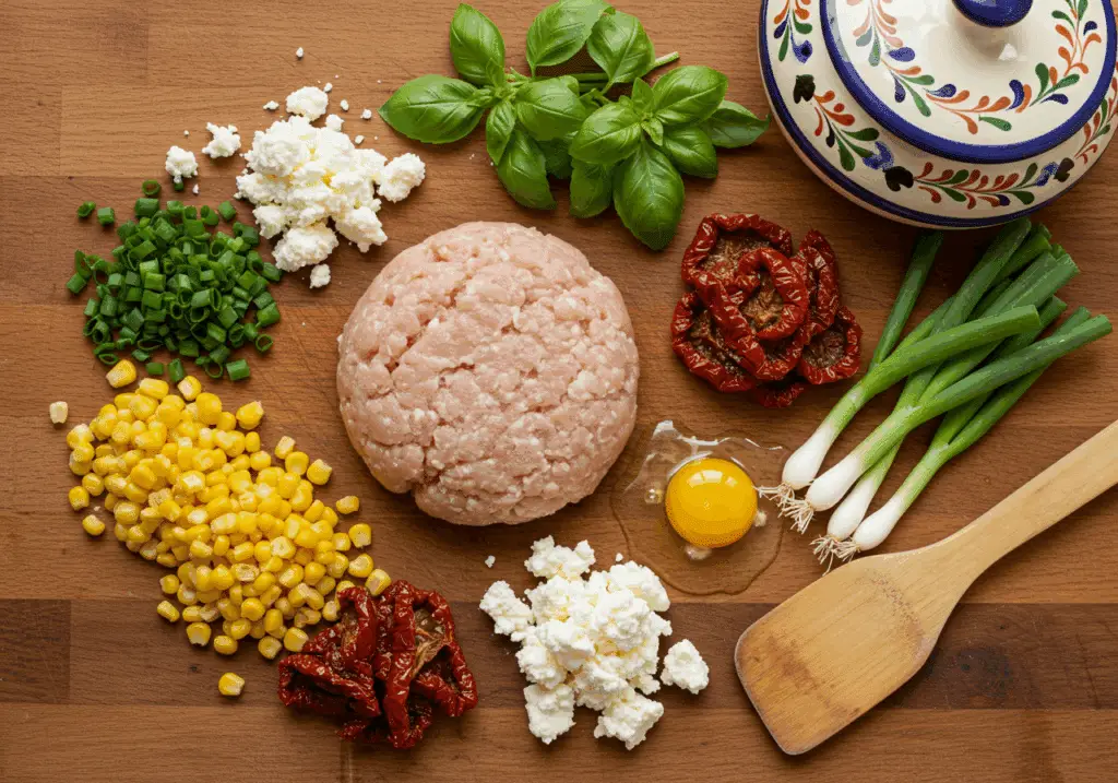 Ingrédients pour boulettes au poulet disposés style méditerranéen