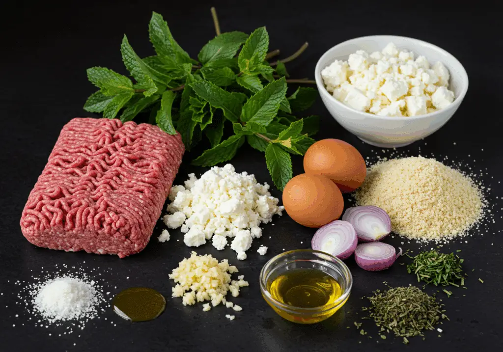 Ingrédients pour boulettes de viande à la menthe et au feta disposés artistiquement