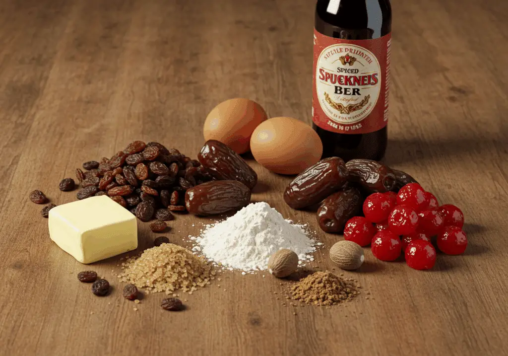 Ingrédients cake raisins dattes bière épices fruits secs