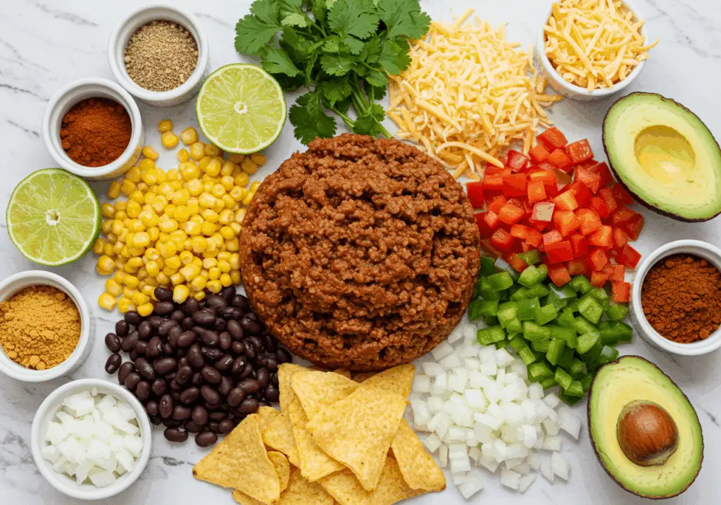 Ingrédients pour casserole mexicaine express toute garnie disposés colorés