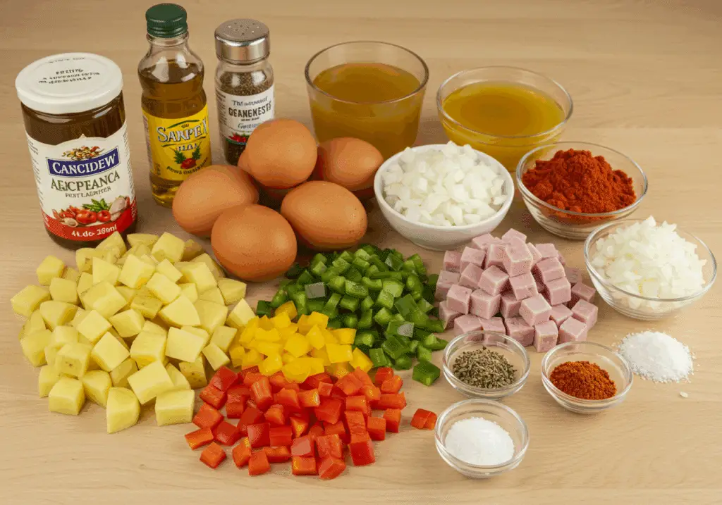 Ingrédients pour casserole d'œufs et pommes de terre disposés style familial