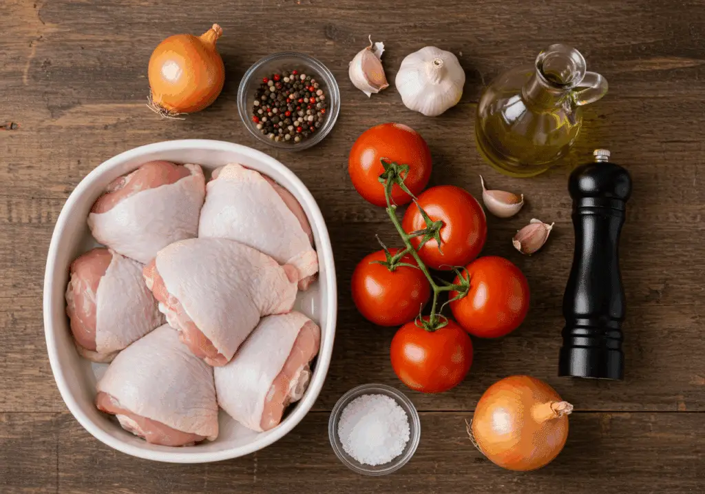 Ingrédients pour casserole de hauts de cuisses poulet et tomates sur bois