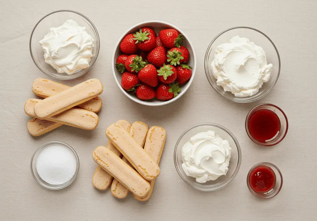 Ingrédients charlotte aux fraises facile disposés préparation française