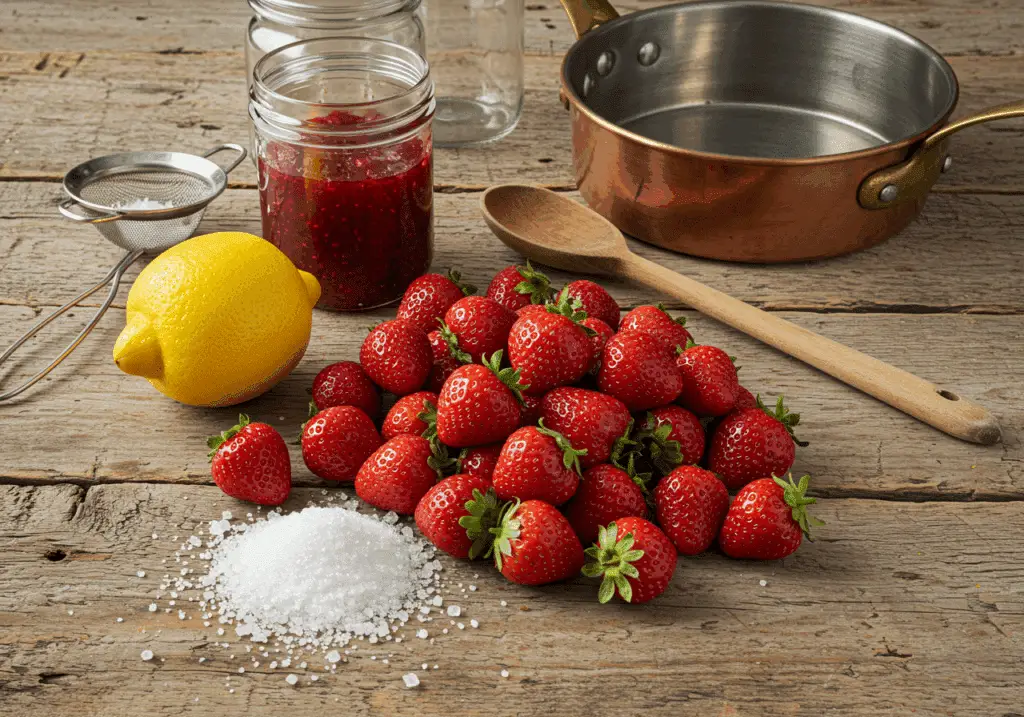 Ingrédients confiture fraises traditionnelle disposés méthode ancestrale
