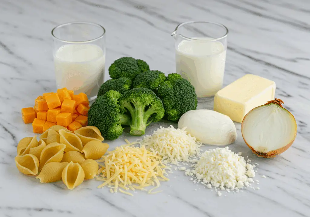 Ingrédients coquilles trois fromages brocoli express réconfortants
