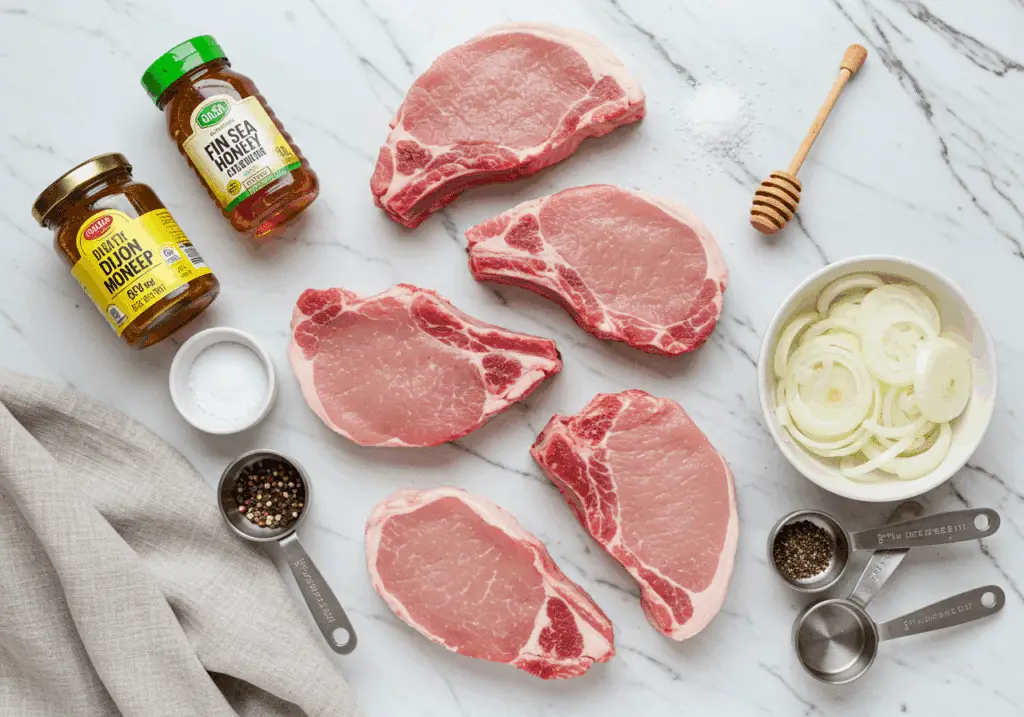 Ingrédients pour côtelettes de porc avec sauce au miel et à la moutarde de Dijon