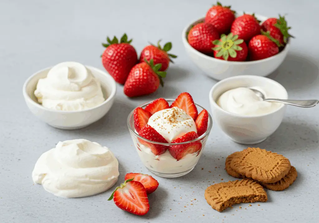 Ingrédients pour coupe aux fraises mascarpone disposés élégamment