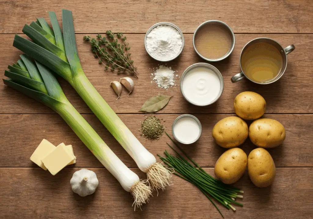 Ingrédients pour crème de poireaux et pommes de terre disposés artistiquement