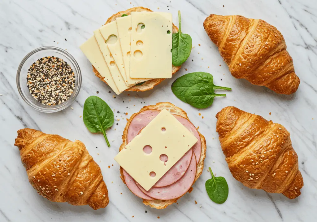 Ingrédients frais pour croissant gratiné jambon havarti disposés