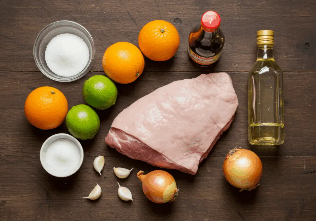 Ingrédients pour épaule de porc braisée disposés sur bois rustique
