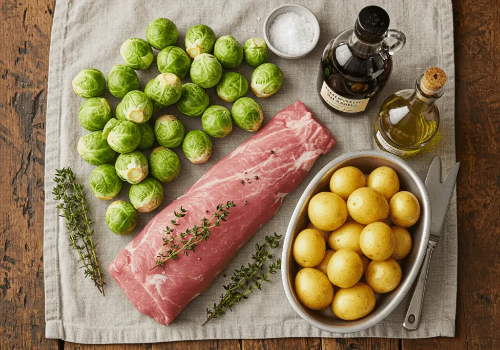 Ingrédients pour filet de porc au vinaigre balsamique disposés élégamment