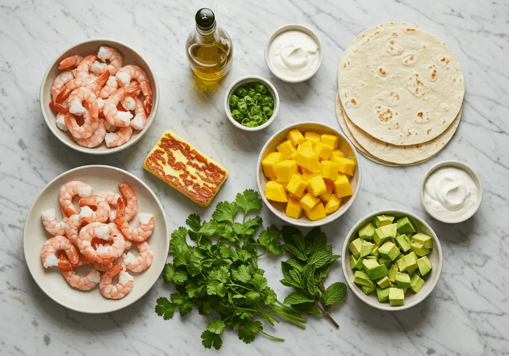 Ingrédients frais tacos crevettes mangue avocat halloumi