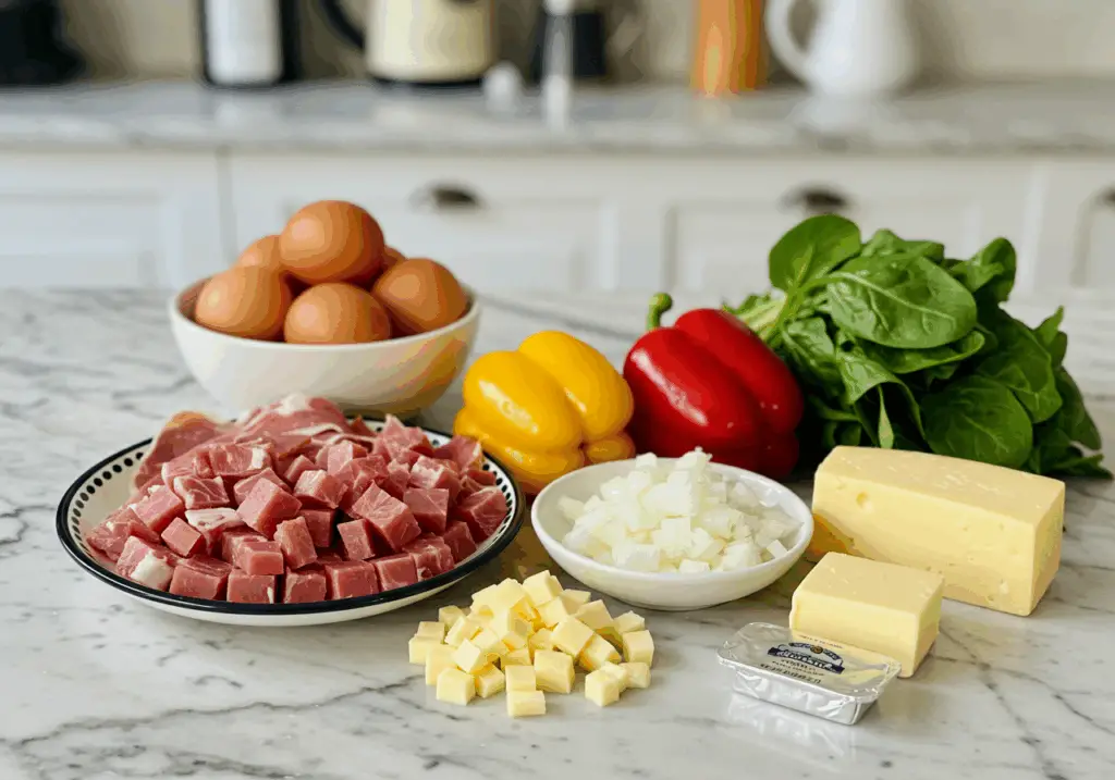Ingrédients frittata jambon légumes italienne méditerranéens frais