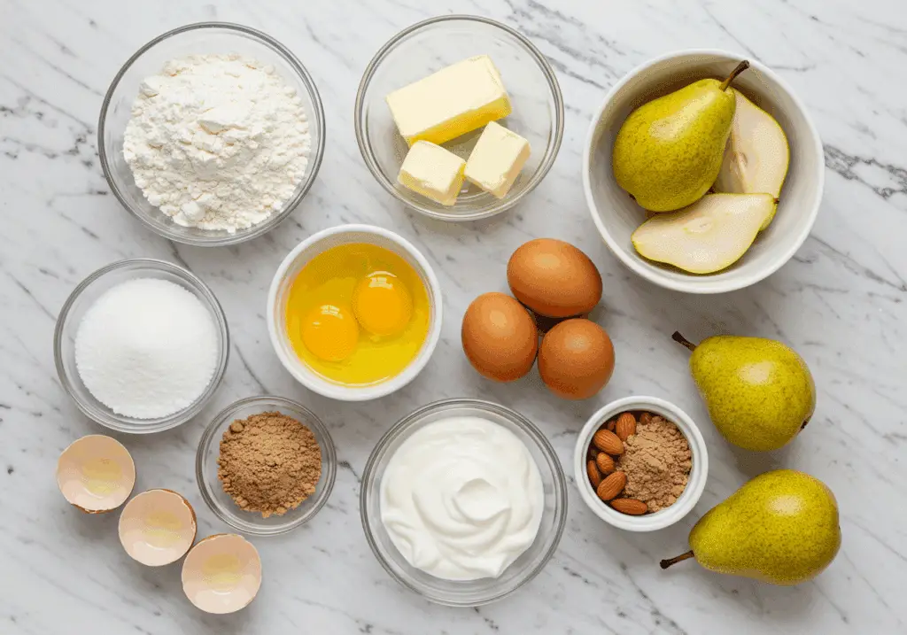 Ingrédients gâteau poires pavot disposés sur marbre blanc élégant