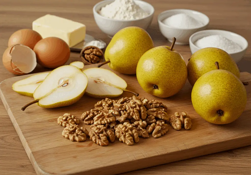 Ingrédients gâteau poires noix fruits frais cerneaux