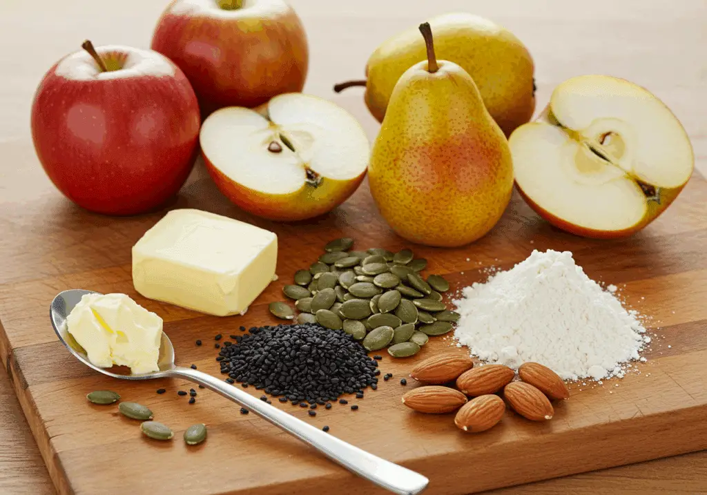 Ingrédients gâteau renversé pommes poires graines oléagineux