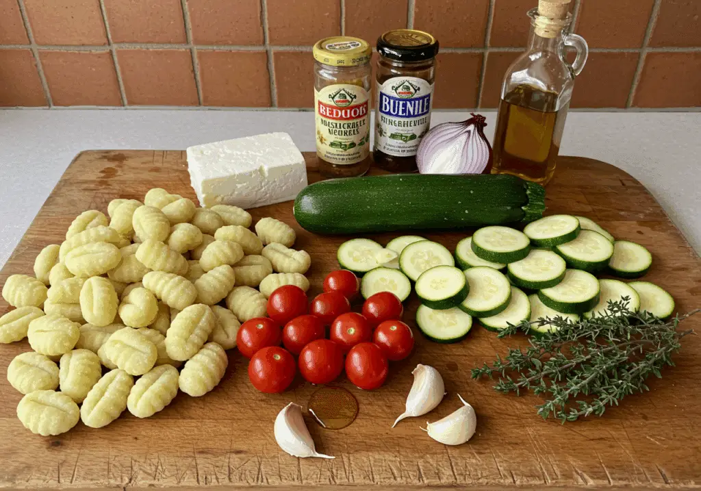 Ingrédients pour gnocchis au feta et légumes rôtis disposés style méditerranéen