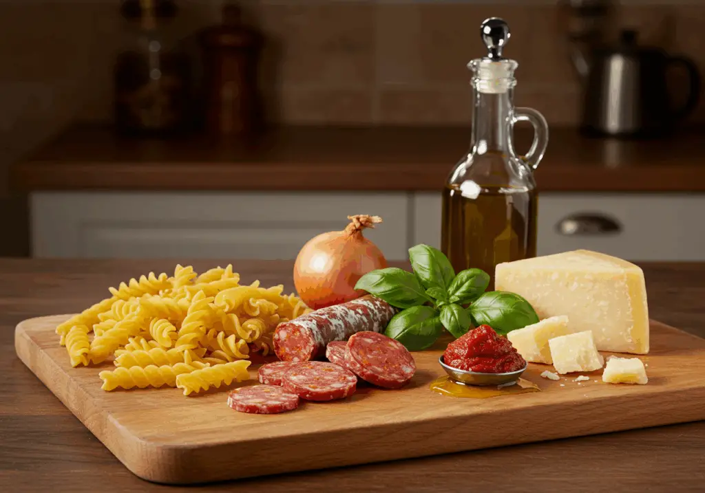 Ingrédients méditerranéens pâtes chorizo basilic authentiques