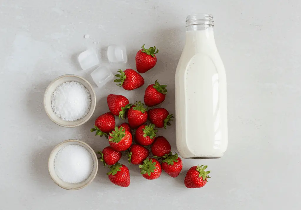 Ingrédients pour milkshake fraise facile disposés simplement