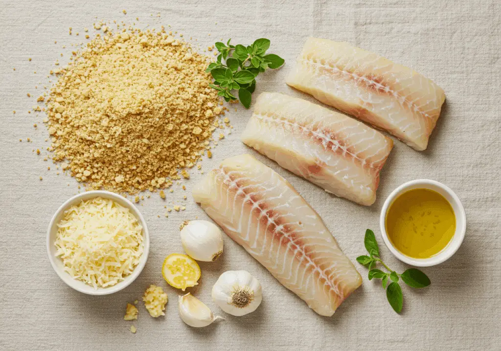 Ingrédients pour morue en croûte parmesan disposés style méditerranéen