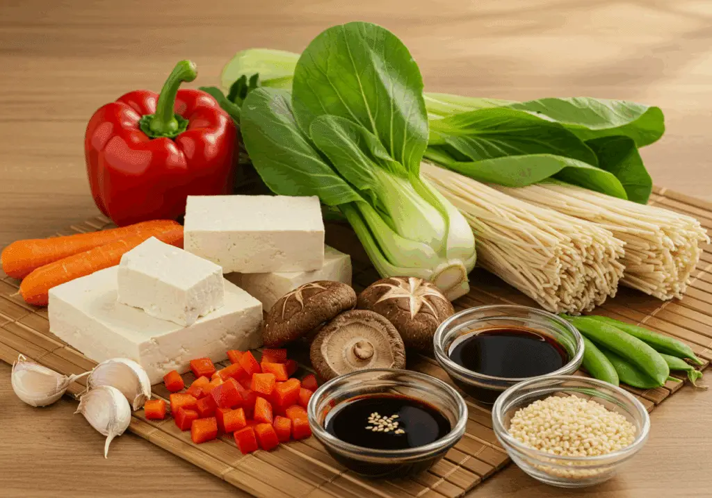 Ingrédients nouilles tofu légumes asiatiques végétariens sains