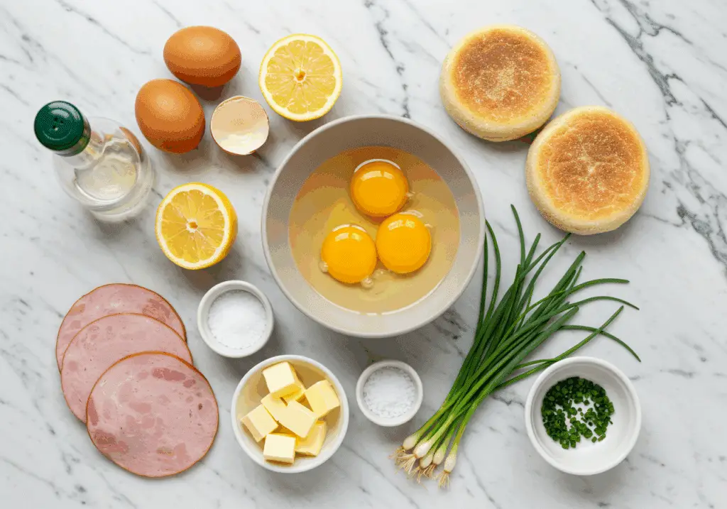 Ingrédients œufs bénédictine jambon sauce hollandaise disposés