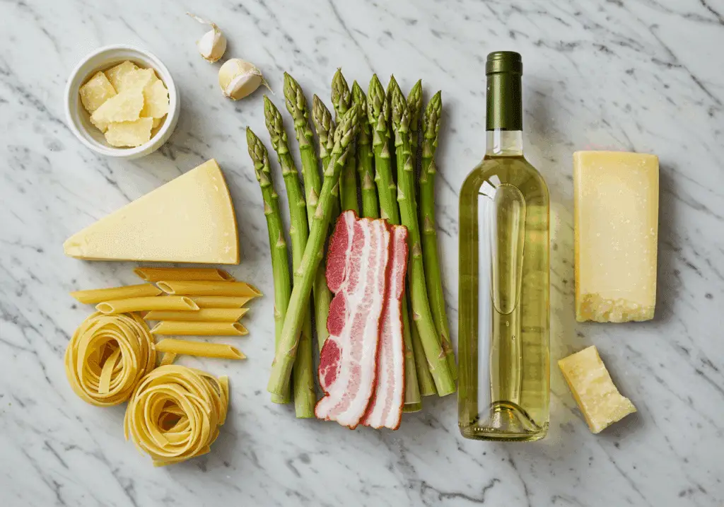 Ingrédients pour pâtes aux asperges et bacon sur plan de travail marbre