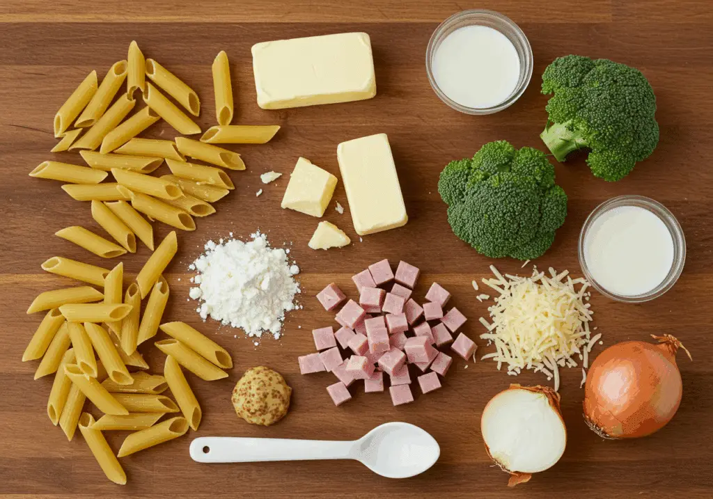 Ingrédients pour pâtes au jambon et brocoli disposés style familial